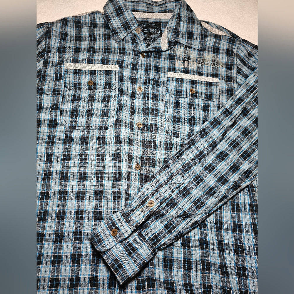 Modern Culture Shirt Mens L  BlackBluePlaid Button Up Long Sleeve